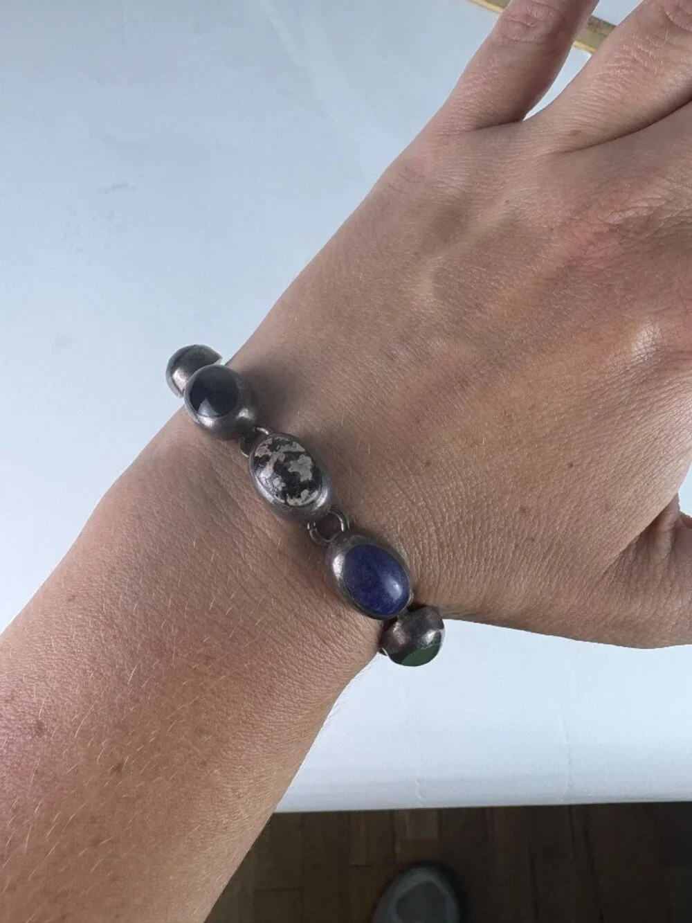 Vintage Taxco Mexico 925 Sterling Silver Multi-Stone Link Bracelet | Lapis